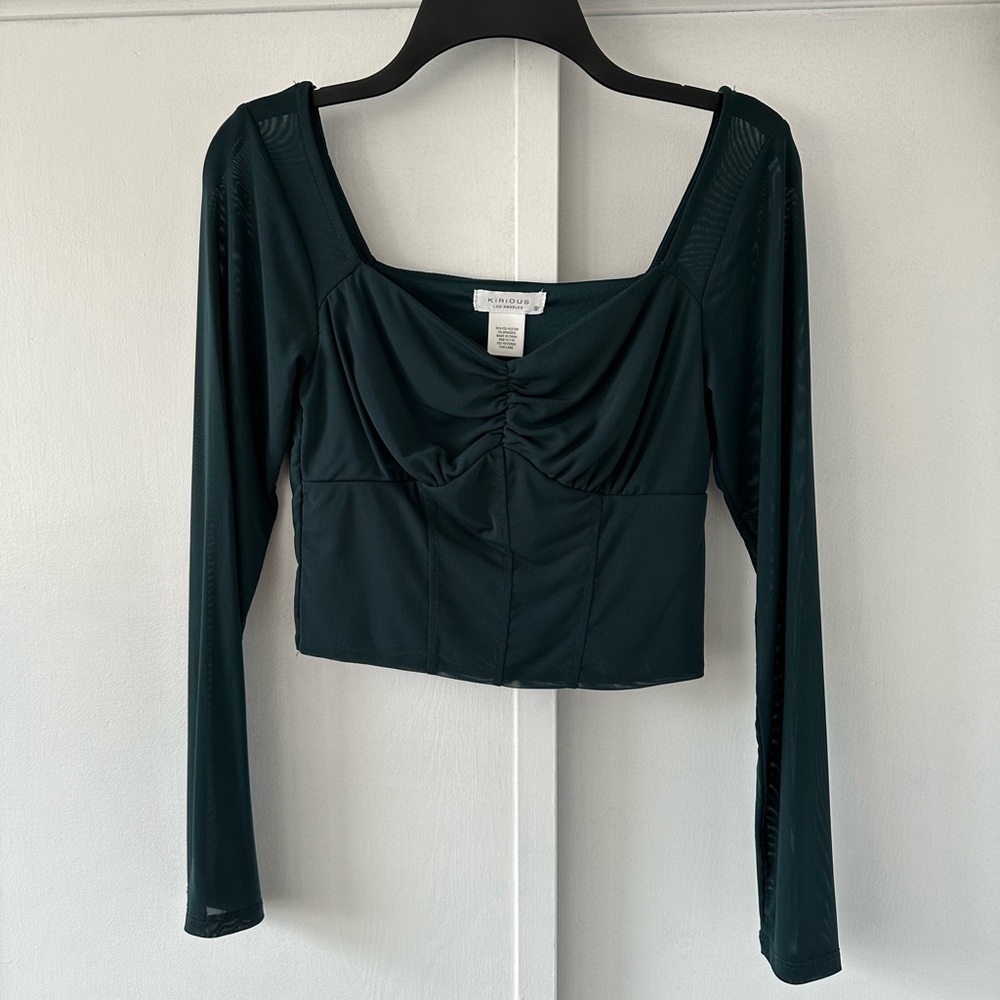 Dark Green Cropped Blouse with Mesh Sleeves